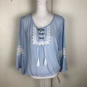 SELF ESTEEM STRIPED LACE TASSELS TOP SZ XL BL/WH